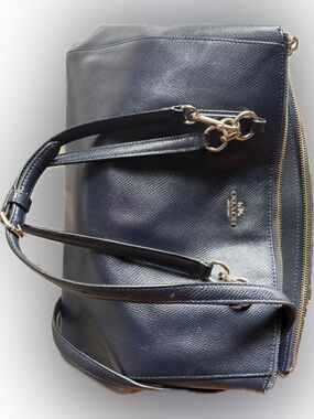 Vintage Coach Navy Leather Tote with Gold-Tone Accents